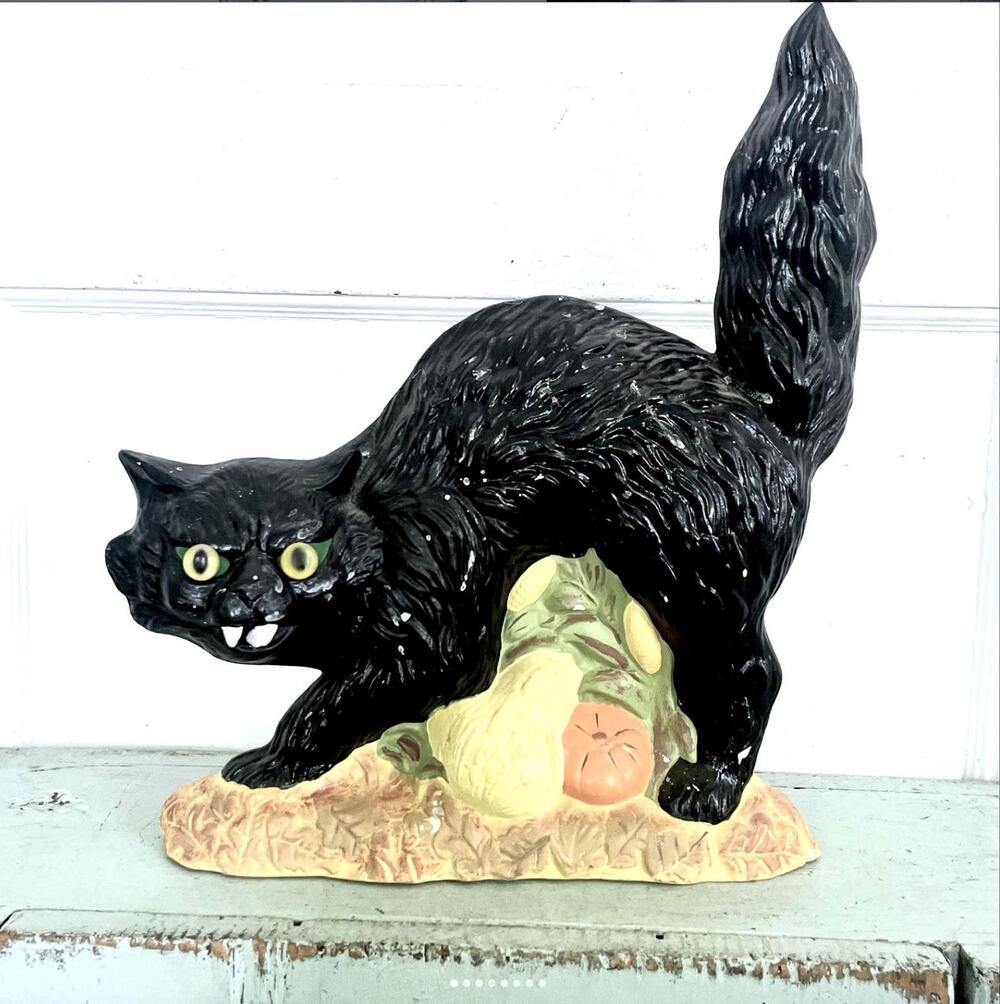 Vintage Halloween Black Cat Door Stop Centerpiece Hand Painted Ceramic Eyes Fang